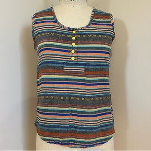 VTG 80s 100% Indian Cotton Woven Tank Top Colorful Stripes Summer Aztec Sz S